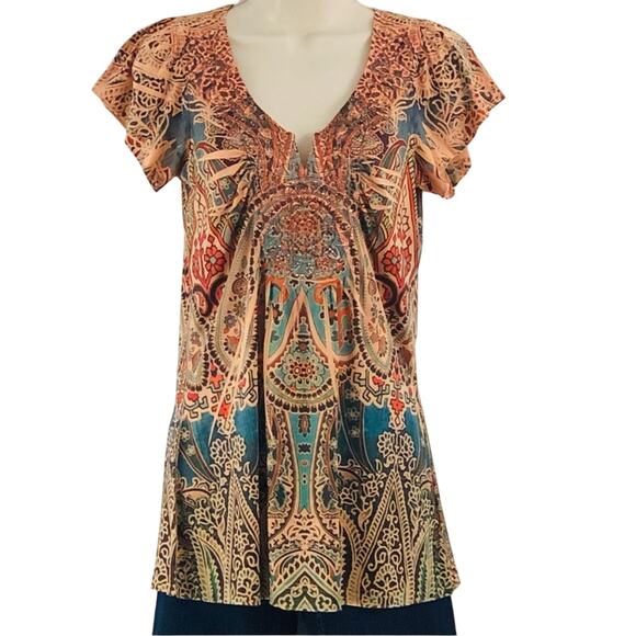 One World Flattering Multi Color Coral Paisley Pop Over Top V Neck Light Weight - Picture 13 of 16